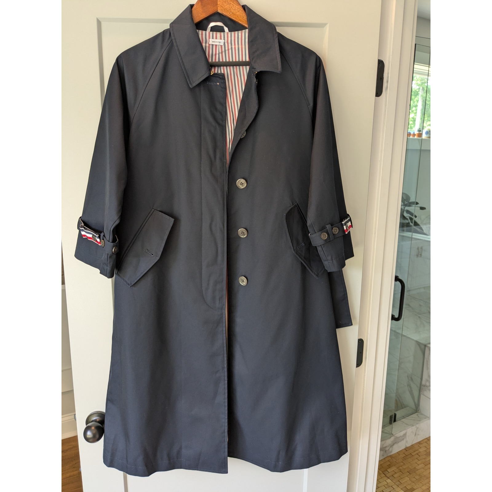Thom Browne New York Navy Blue Trench Coat Striped Lining Made In Italy Size 1
